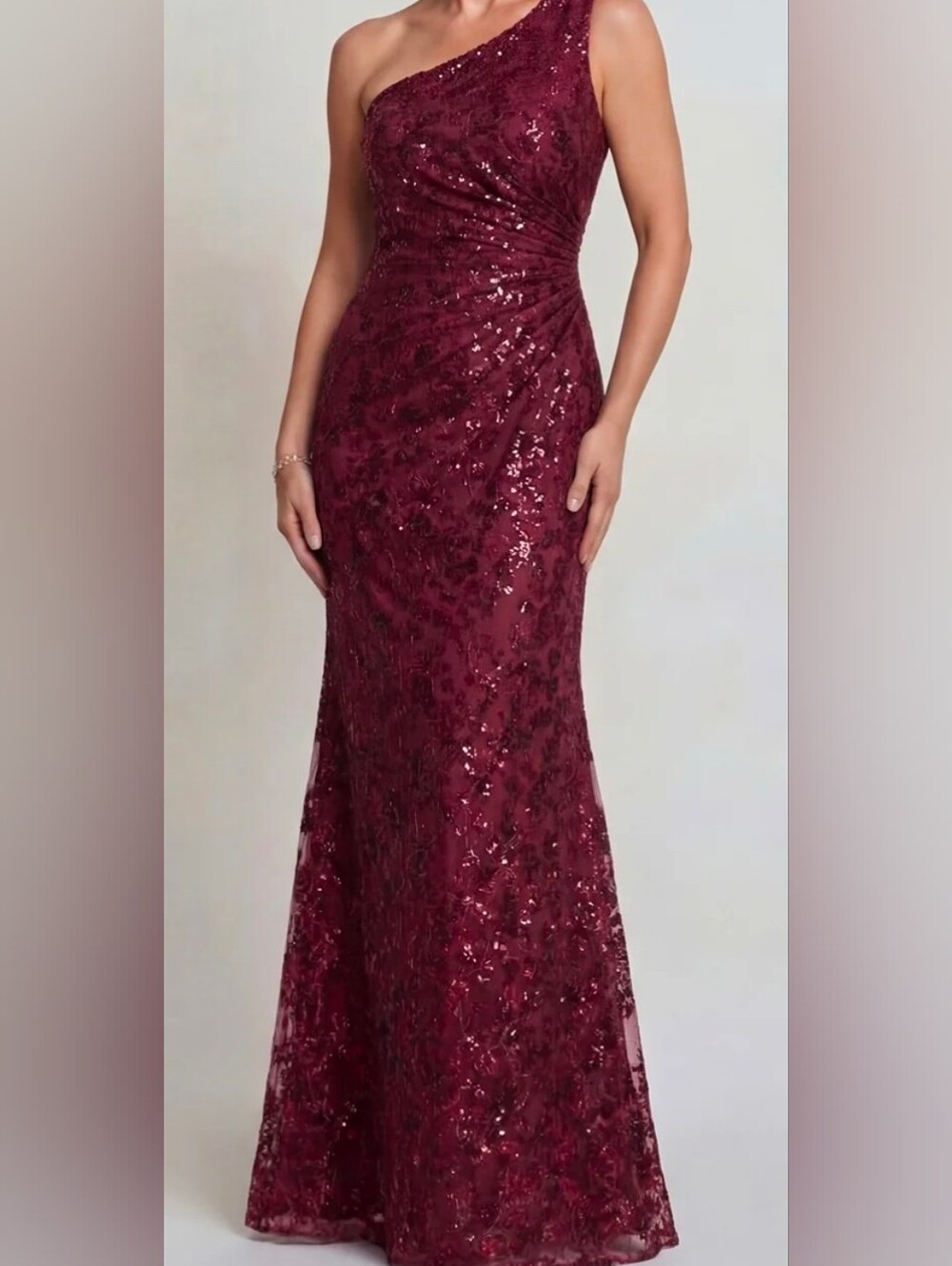 Morilee Madeline Gardner One Shoulder Red Burgundy Sequin Maxi Dress Size 14